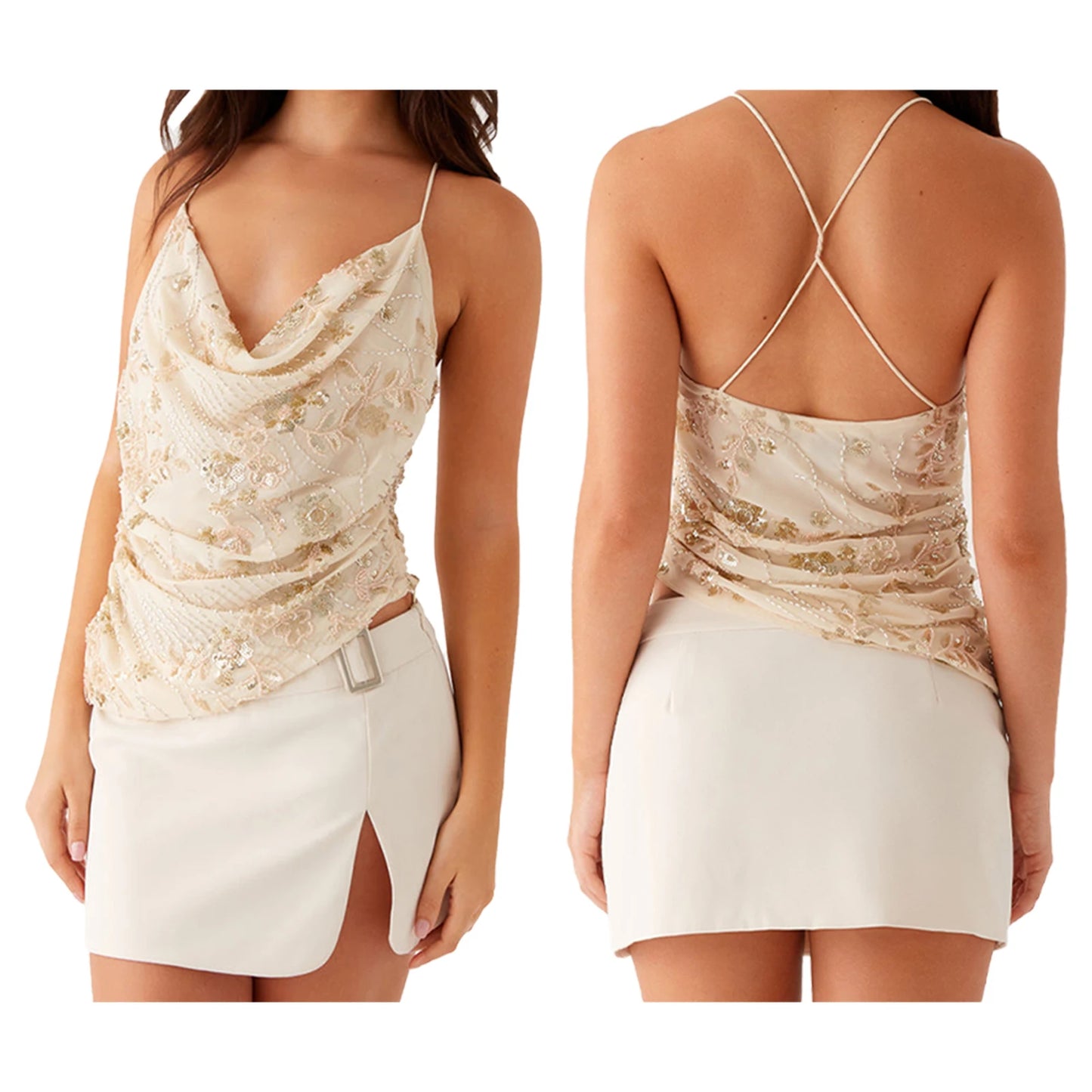 Sleeveless Beading Camis Top V-neck