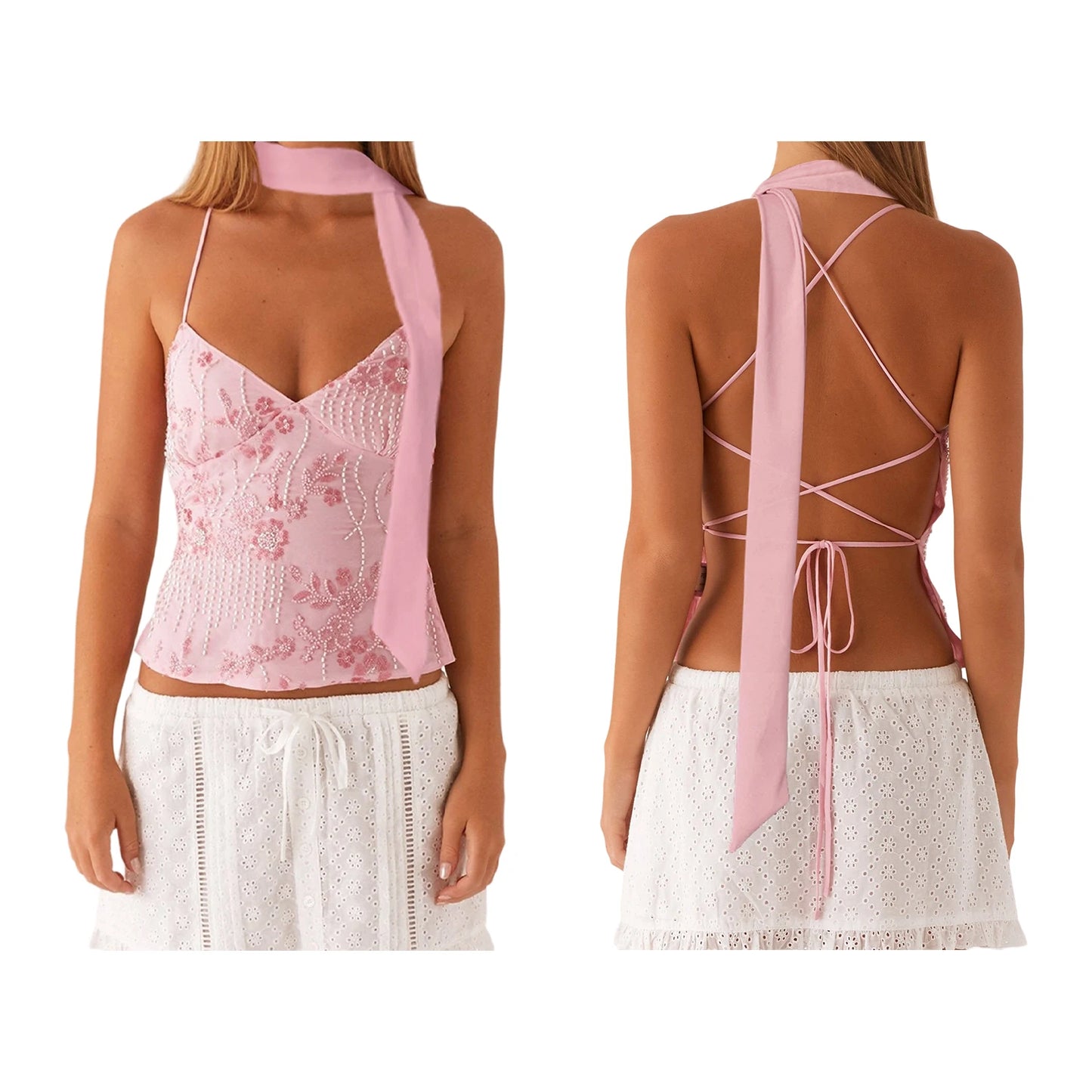 Sleeveless Beading Camis Top V-neck