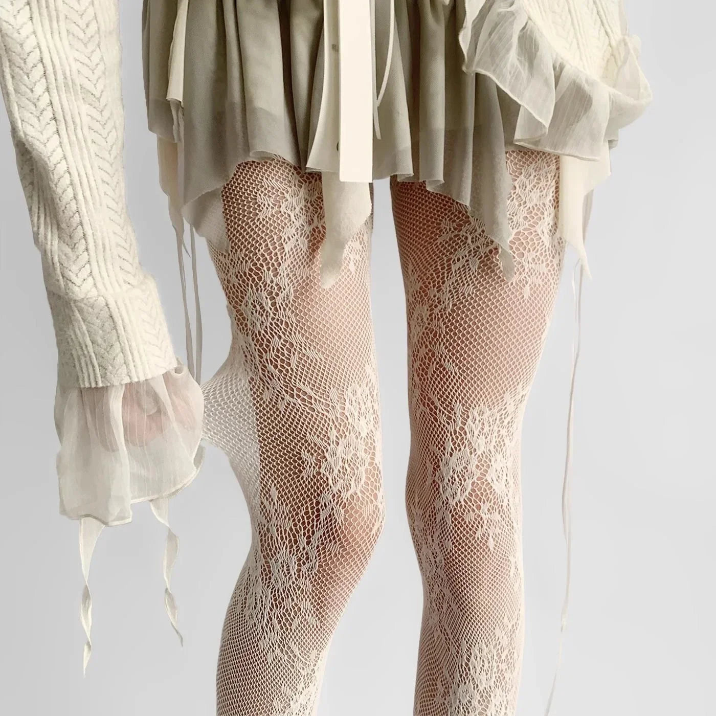 White and Black Hollowed Out Lace Mesh Pantyhose