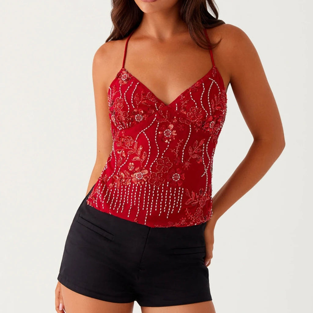 Sleeveless Beading Camis Top V-neck