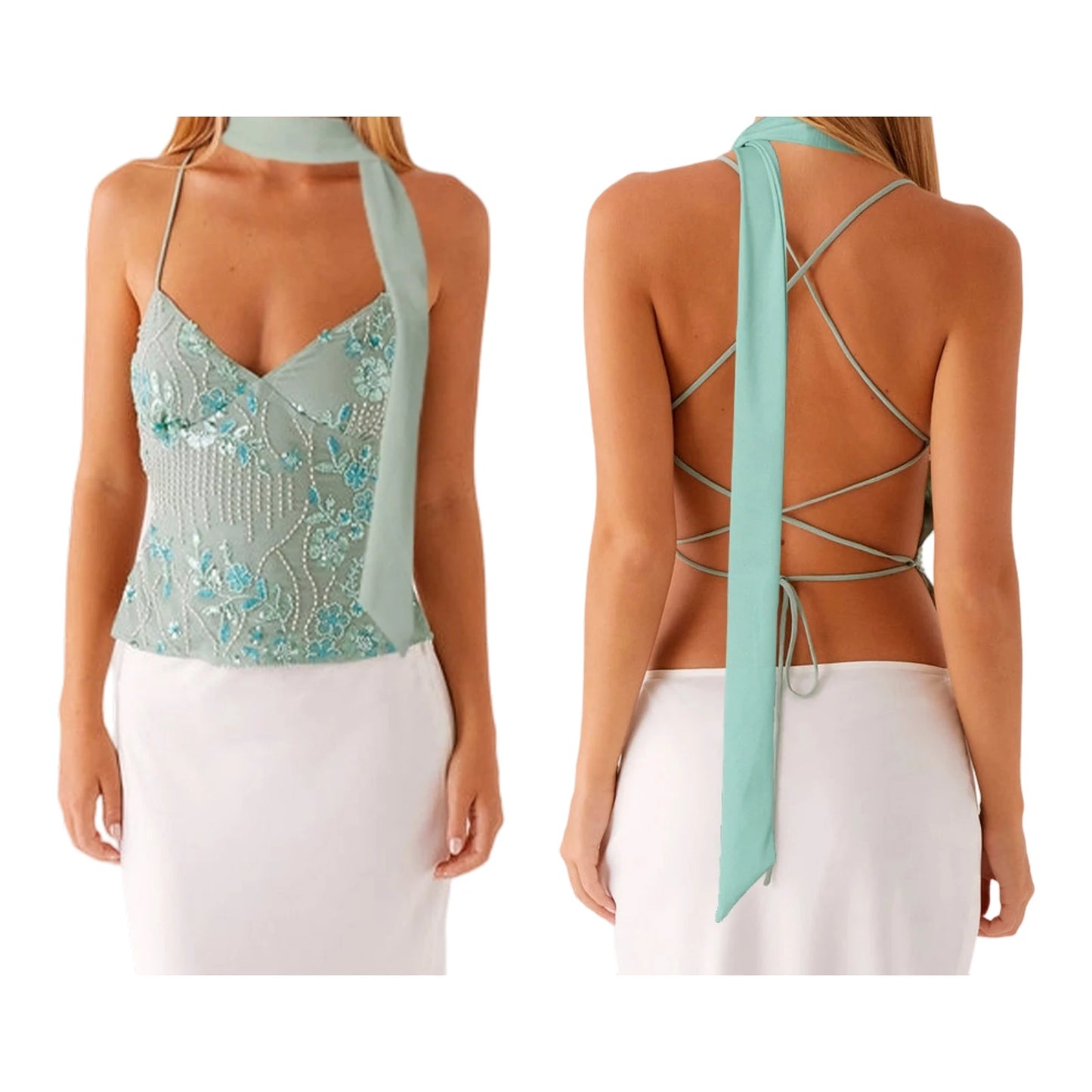 Sleeveless Beading Camis Top V-neck