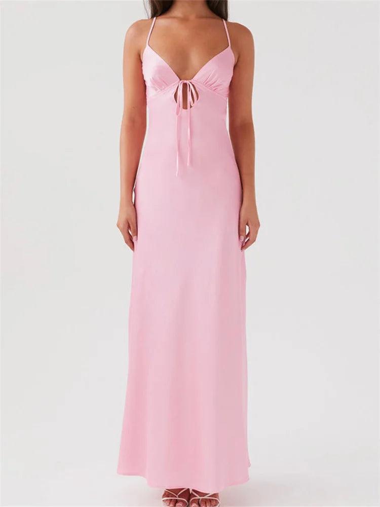 Sleeveless Strap V-neck Front Tie-Up Backless Long Dress
