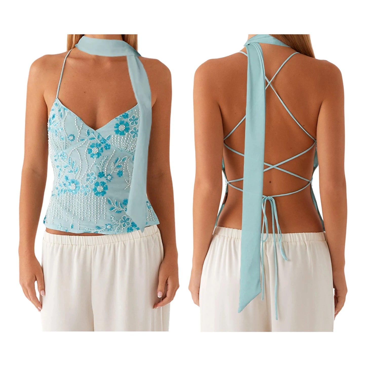Sleeveless Beading Camis Top V-neck