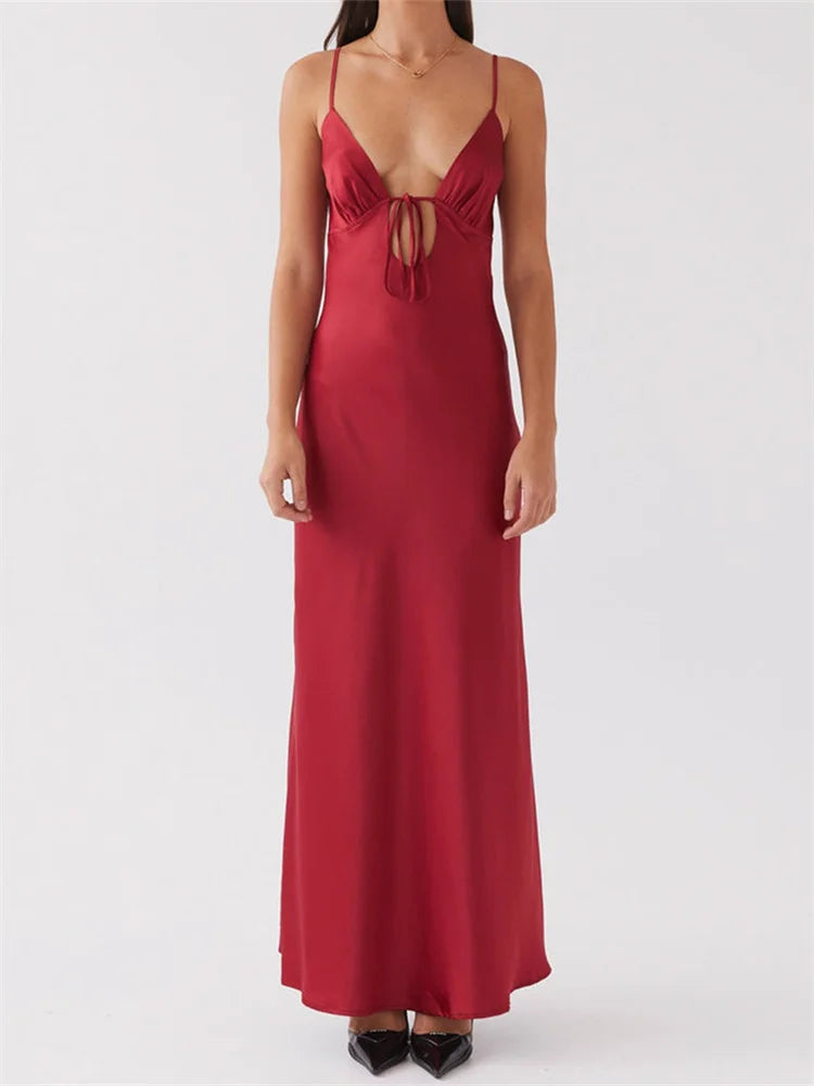 Sleeveless Strap V-neck Front Tie-Up Backless Long Dress