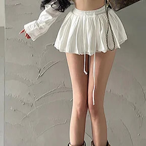 High Waist Drawstring Lace Pleated Skirt