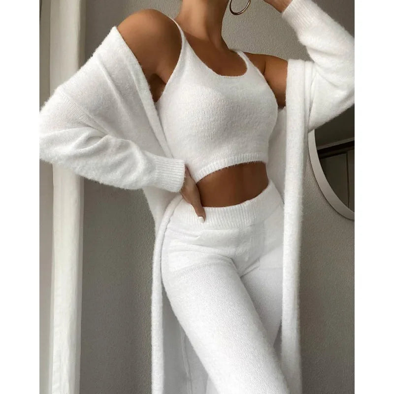 Knitted V-neck Cropped Three-piece Set