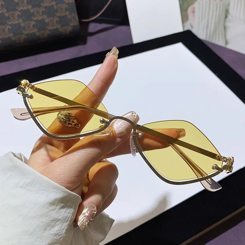 Trendy Half Frame Diamond Shaped Sunglasses