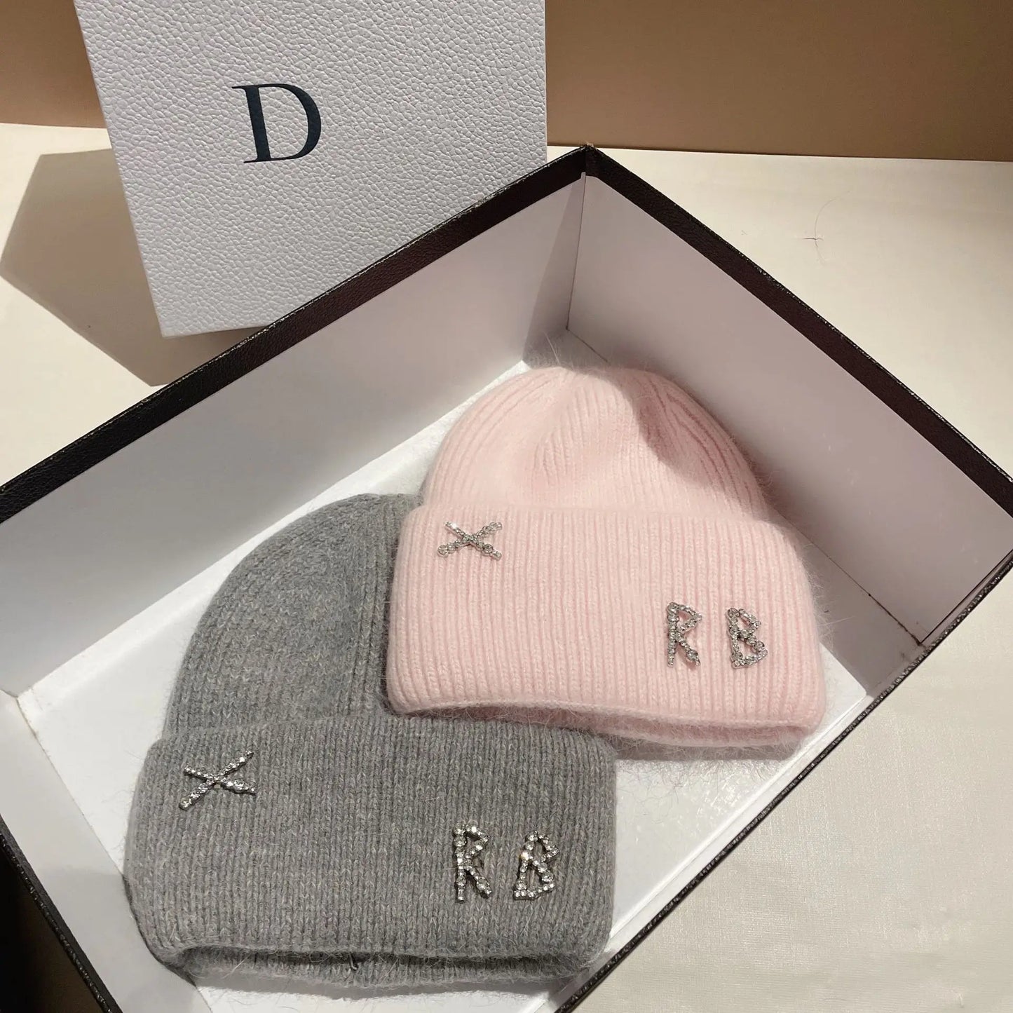 Fur Diamonds Letter Design Beanies