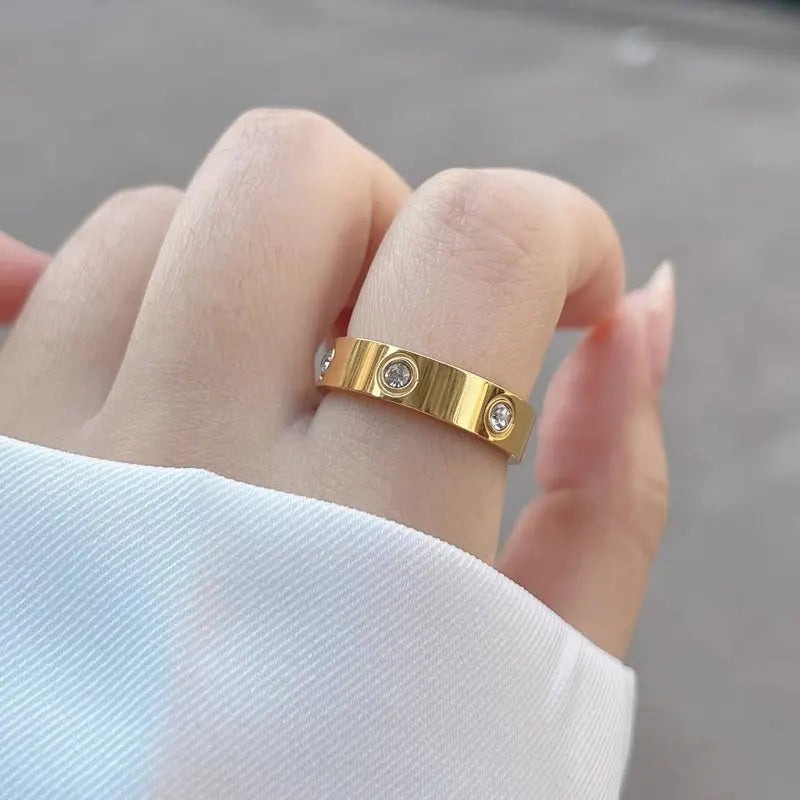 Unisex Stainless Steel Love Rings with Crystal Accents
