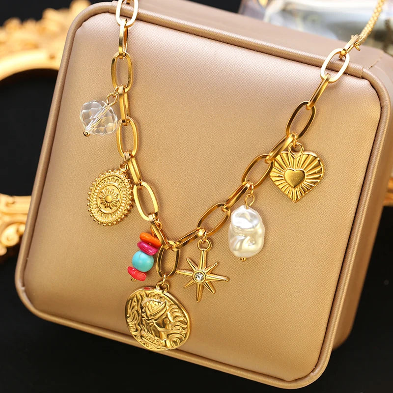 Boho Gold Charm Pendant Necklaces – Sun, Moon & Vintage Coin Designs