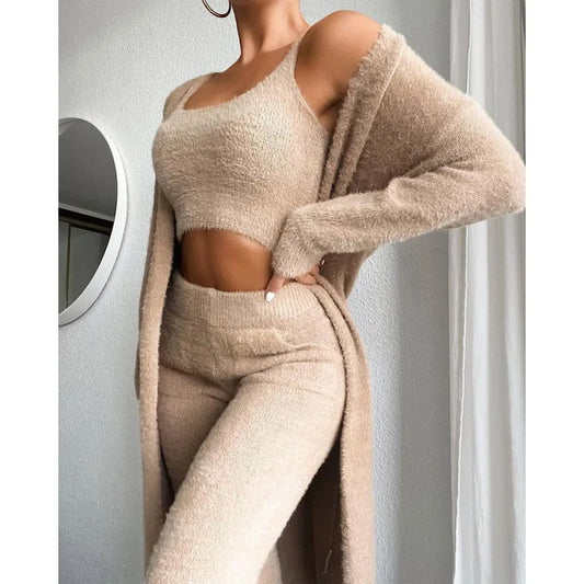 Knitted V-neck Cropped Three-piece Set
