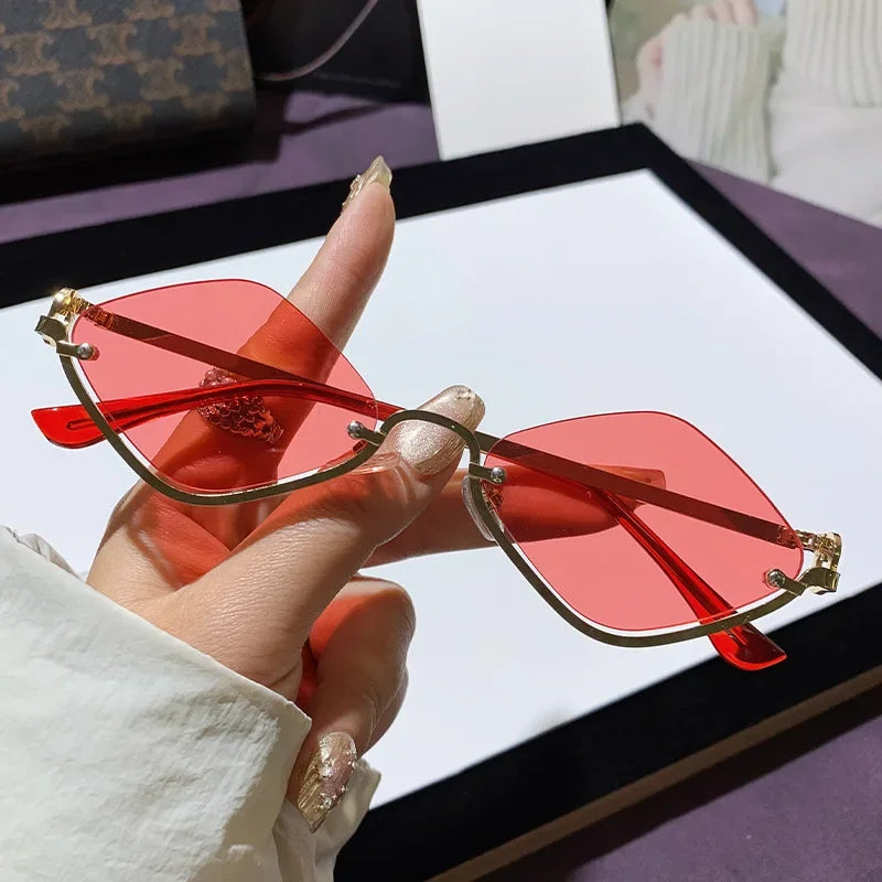Trendy Half Frame Diamond Shaped Sunglasses
