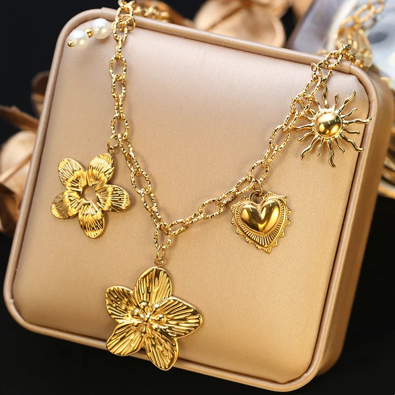 Boho Gold Charm Pendant Necklaces – Sun, Moon & Vintage Coin Designs