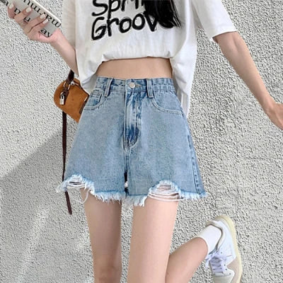 Ripped High Waist Jean Shorts