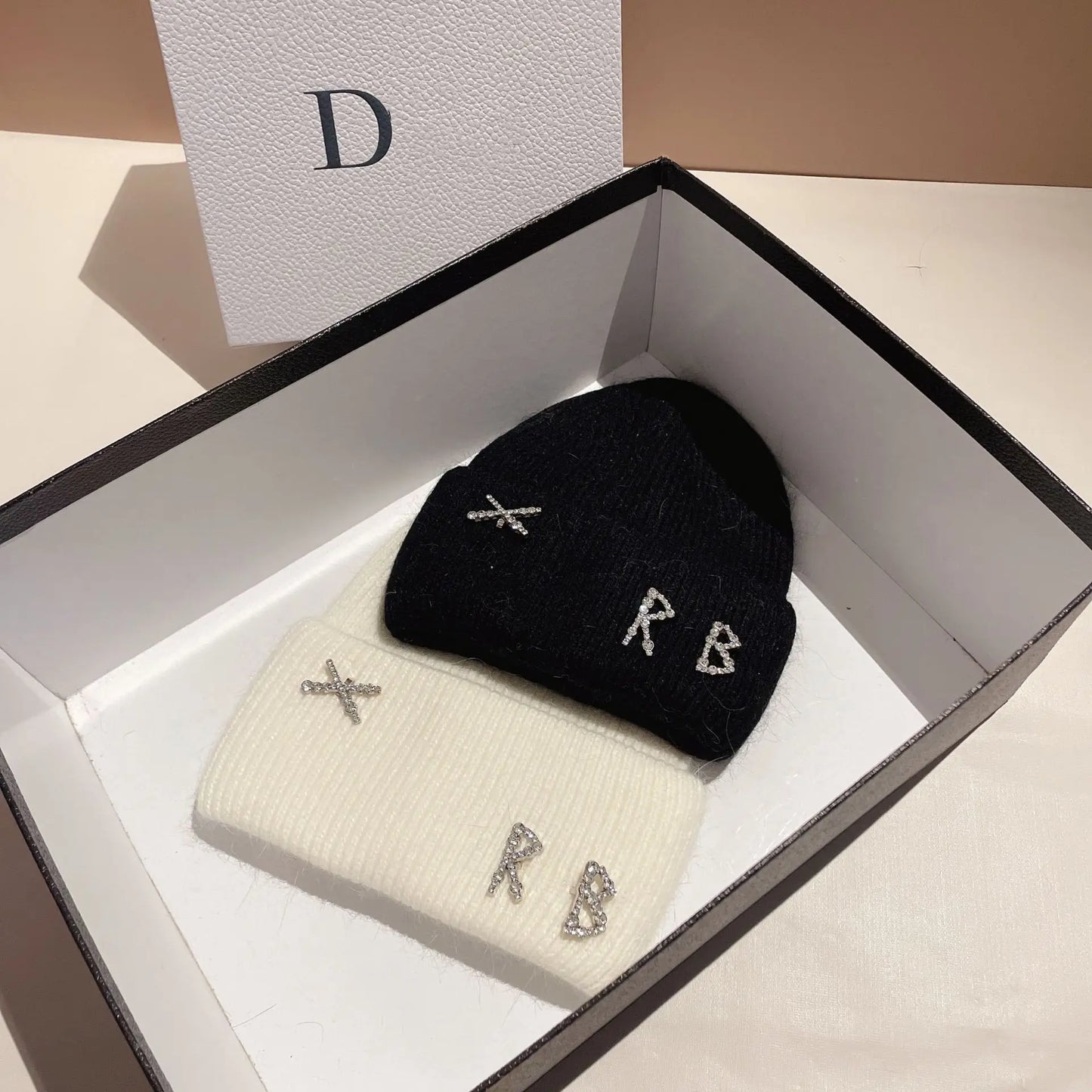 Fur Diamonds Letter Design Beanies