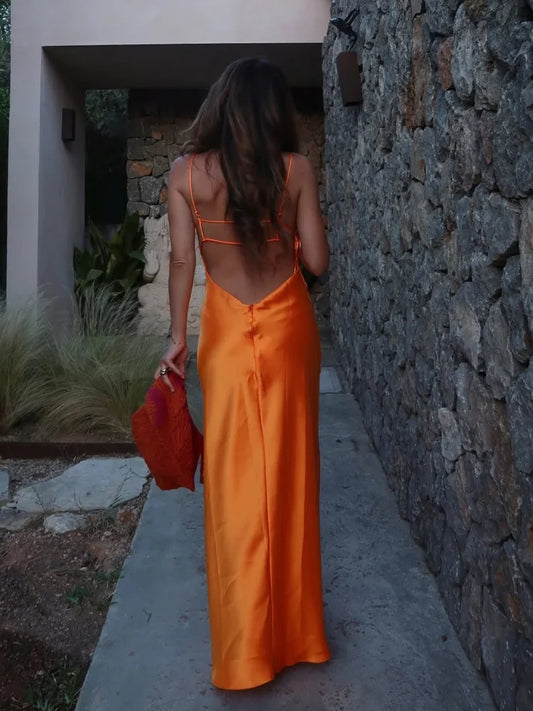 Orange Backless Stain Maxi Dress