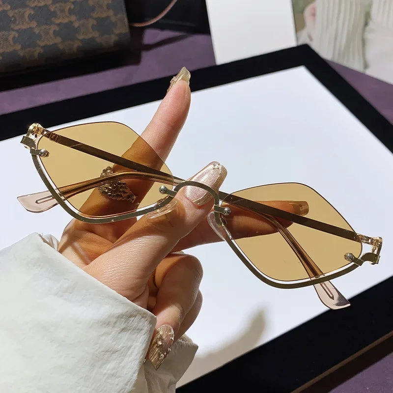 Trendy Half Frame Diamond Shaped Sunglasses