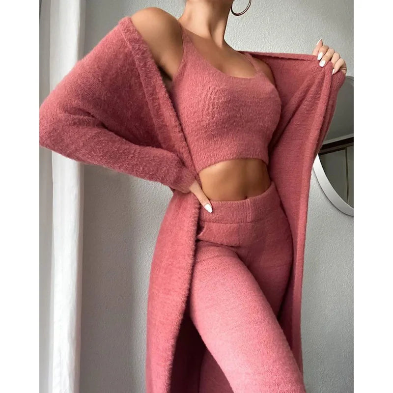 Knitted V-neck Cropped Three-piece Set