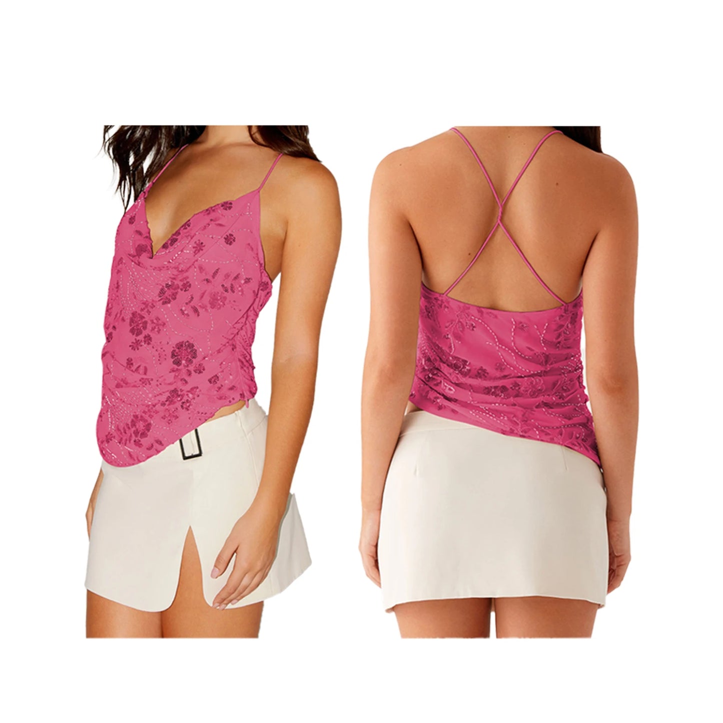 Sleeveless Beading Camis Top V-neck