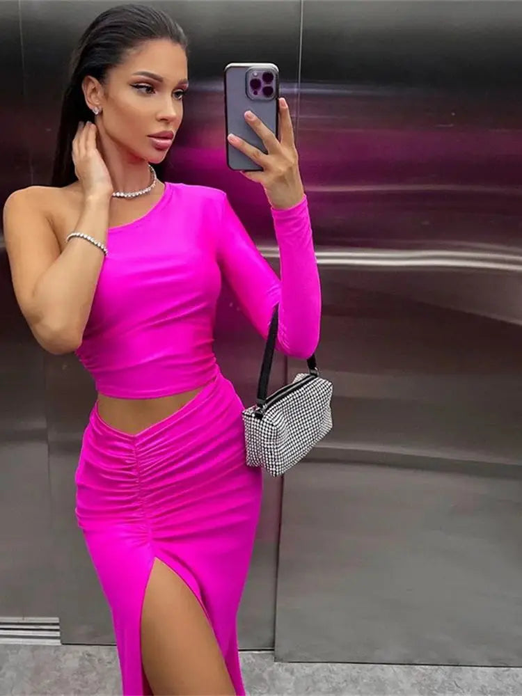 One Shoulder Cut Out Split Ruched Maxi Dress