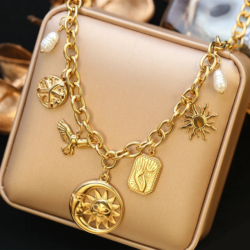 Boho Gold Charm Pendant Necklaces – Sun, Moon & Vintage Coin Designs