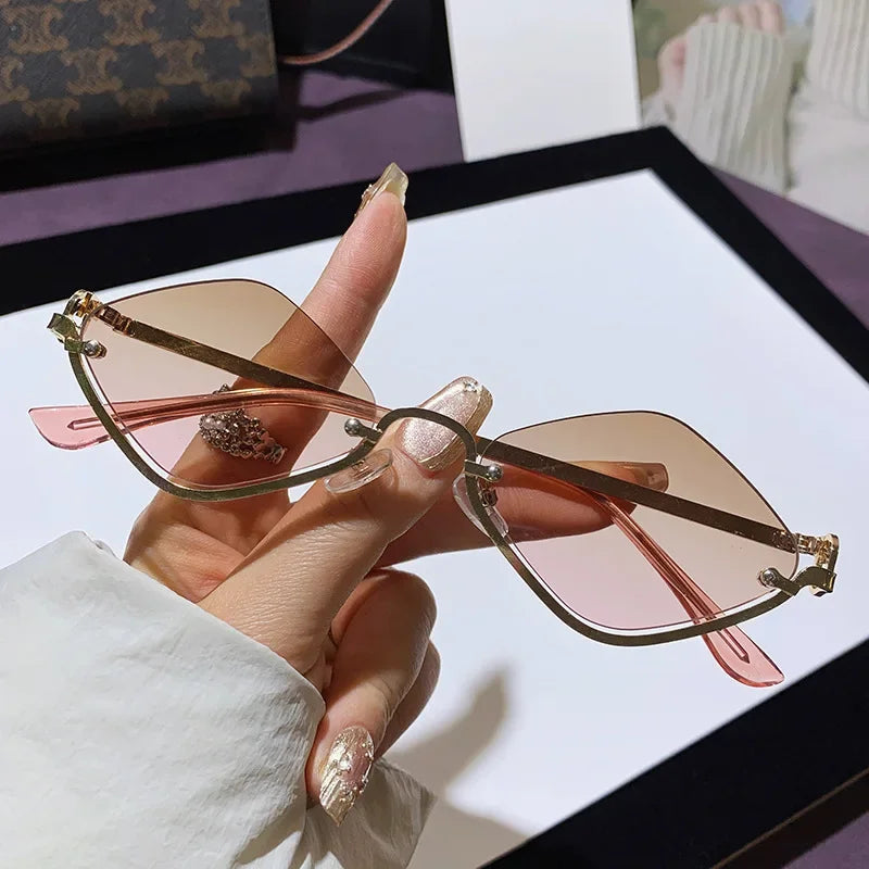 Trendy Half Frame Diamond Shaped Sunglasses