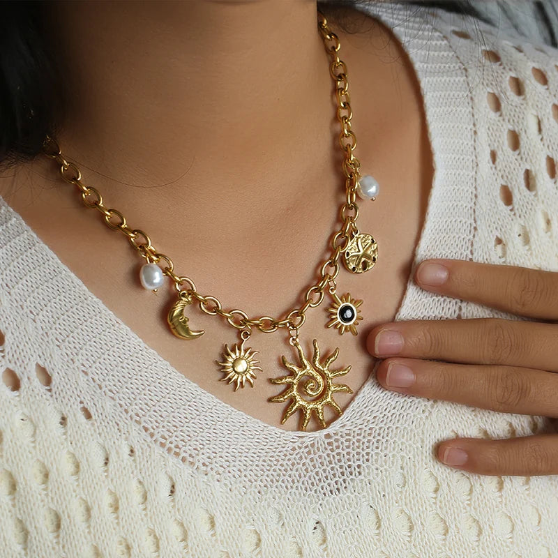Boho Gold Charm Pendant Necklaces – Sun, Moon & Vintage Coin Designs