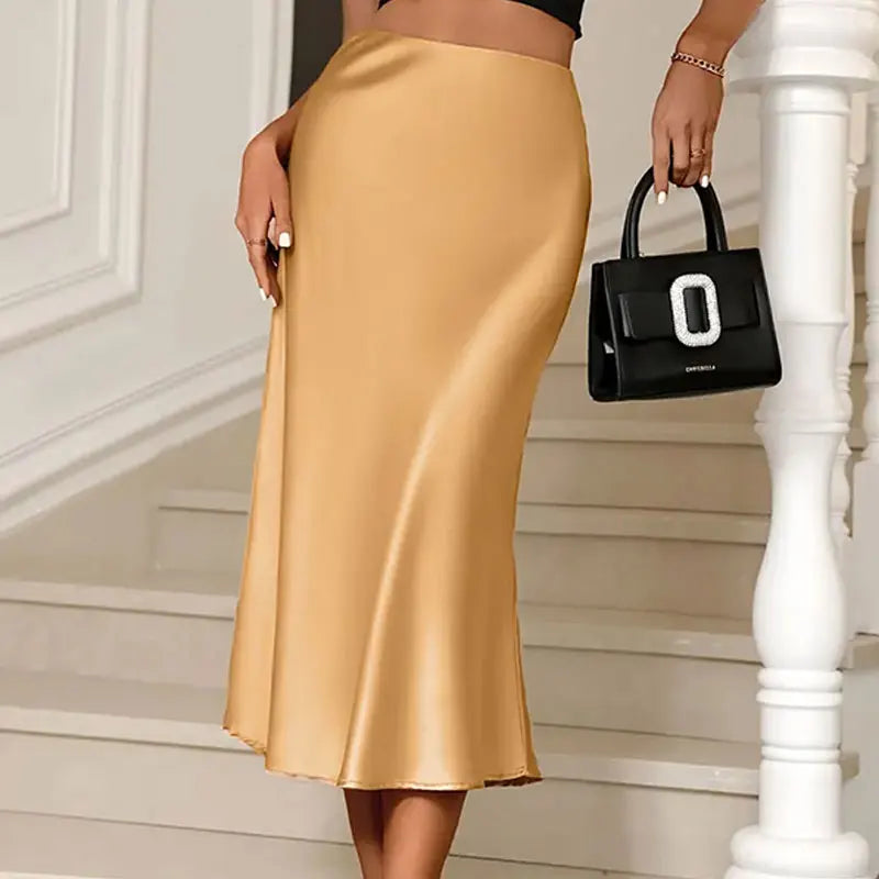 Satin Solid Pleated Midi Skirt