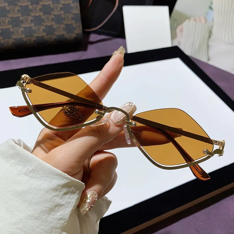 Trendy Half Frame Diamond Shaped Sunglasses