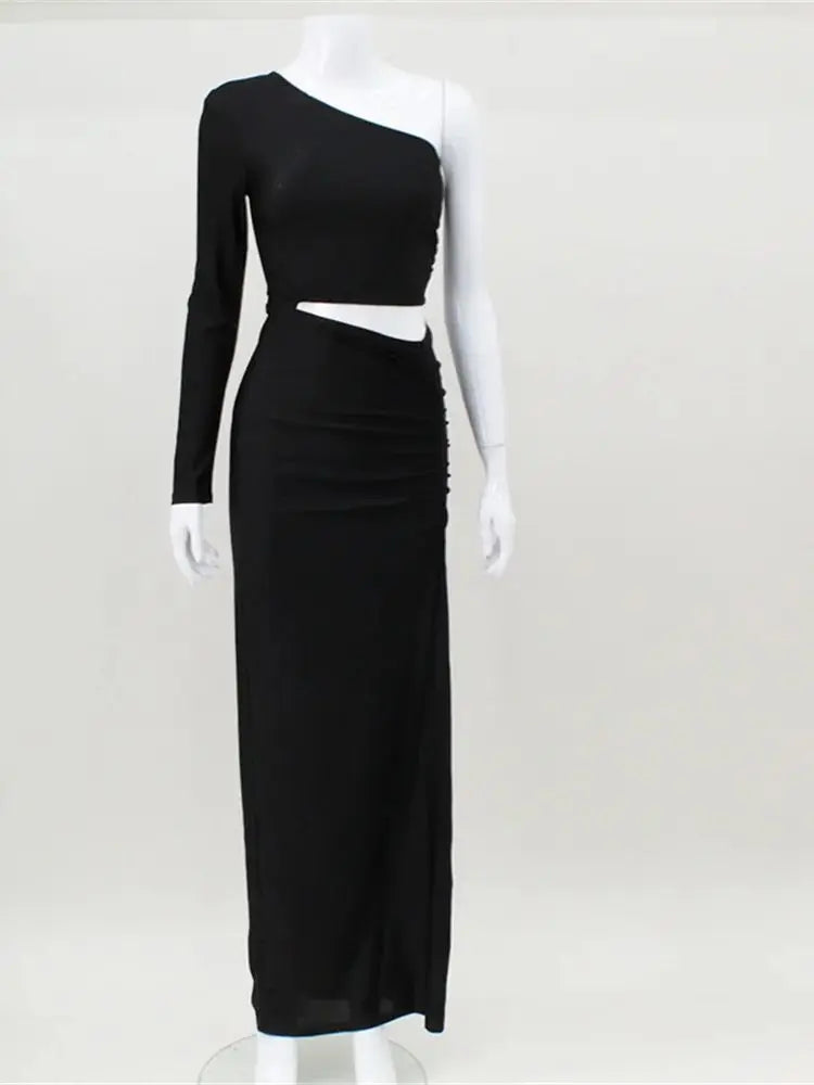 One Shoulder Cut Out Split Ruched Maxi Dress