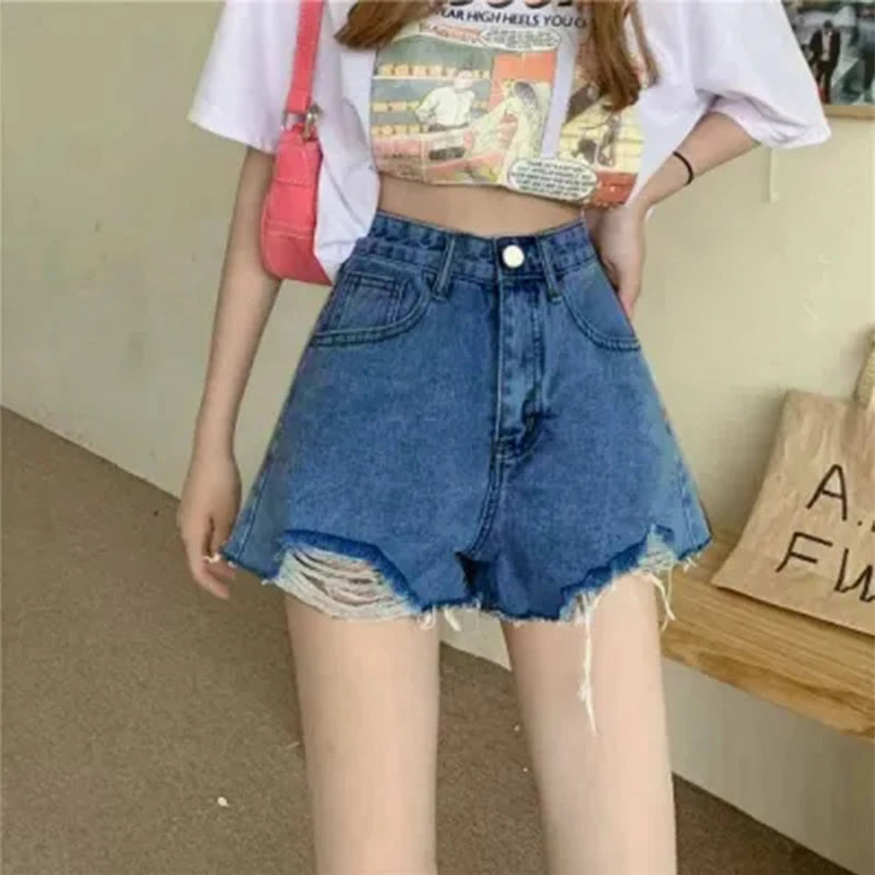 Ripped High Waist Jean Shorts