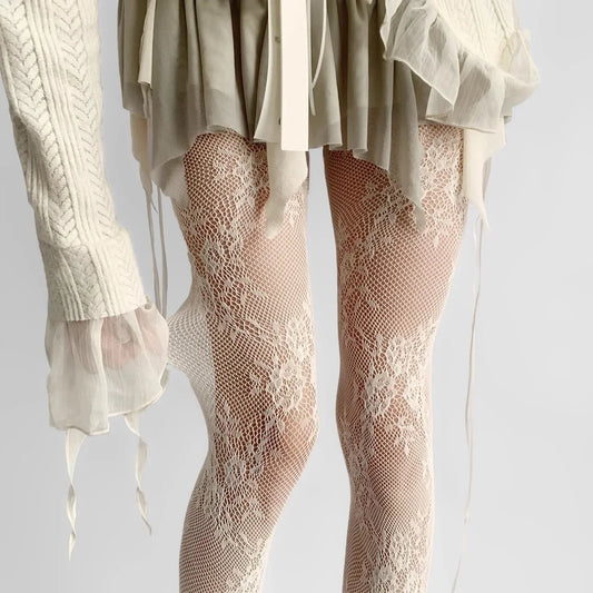 White and Black Hollowed Out Lace Mesh Pantyhose