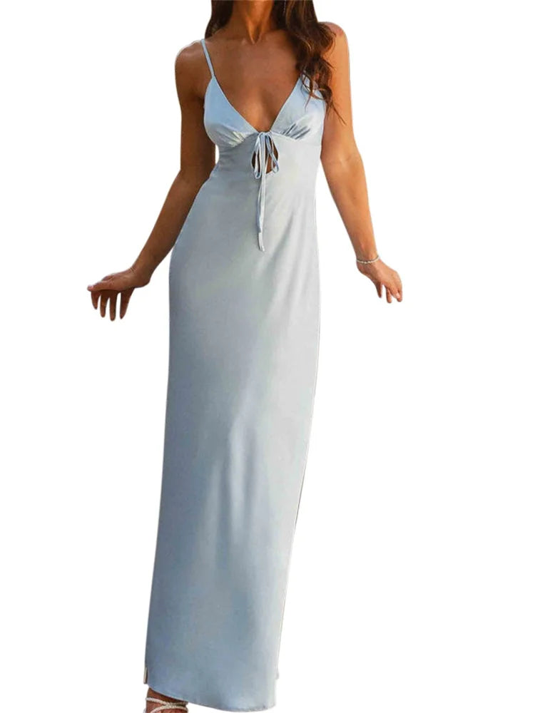 Sleeveless Strap V-neck Front Tie-Up Backless Long Dress