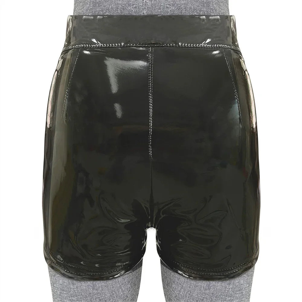 Elastic High Waist Wet Look shorts