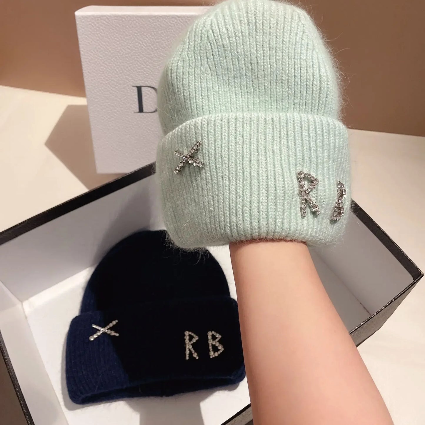 Fur Diamonds Letter Design Beanies