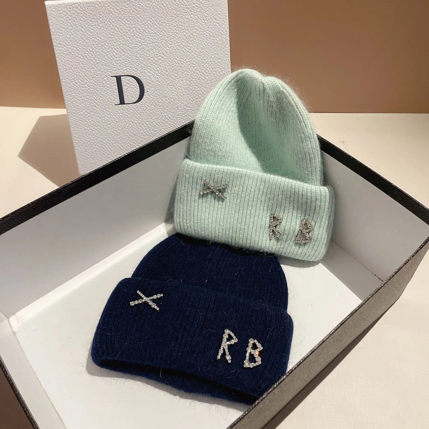 Fur Diamonds Letter Design Beanies