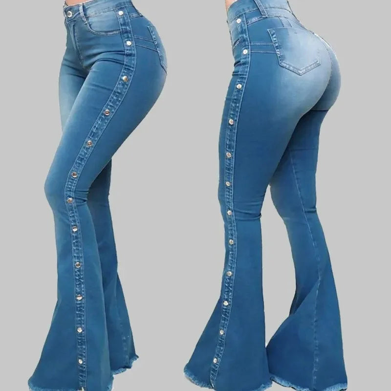 High Waist Stretch Denim Flare Pants