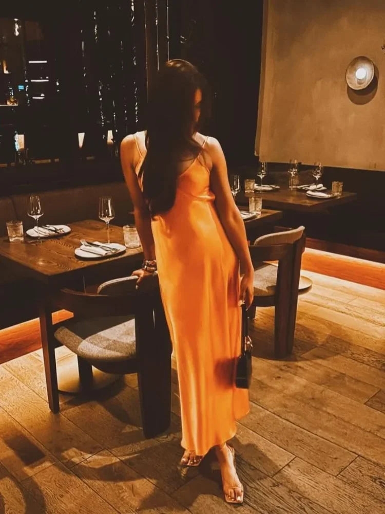 Orange Backless Stain Maxi Dress