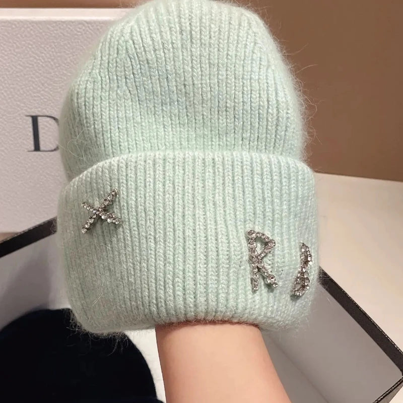 Fur Diamonds Letter Design Beanies