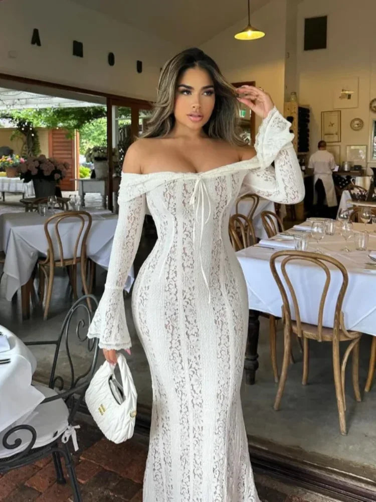 Women White Lace Hollow Out Long Dress Fashion Long Sleeve