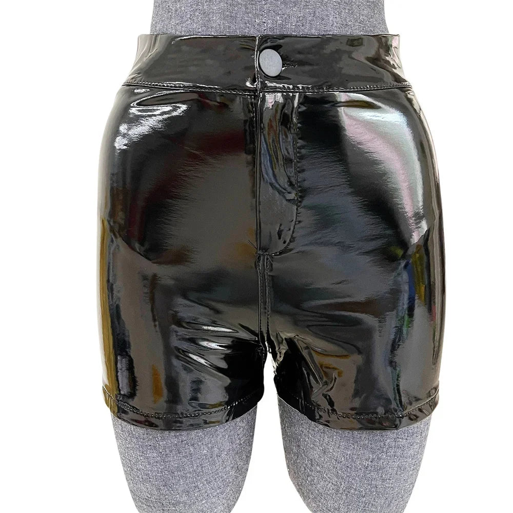 Elastic High Waist Wet Look shorts