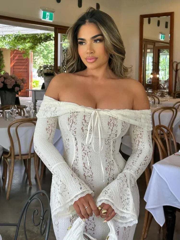 Women White Lace Hollow Out Long Dress Fashion Long Sleeve