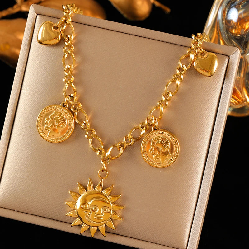 Boho Gold Charm Pendant Necklaces – Sun, Moon & Vintage Coin Designs