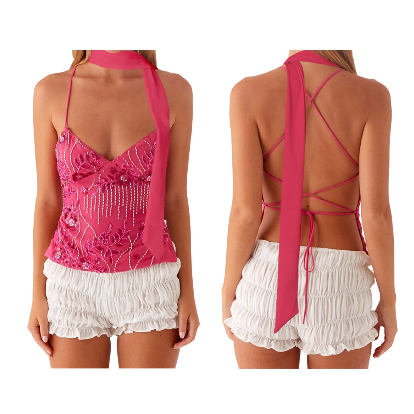 Sleeveless Beading Camis Top V-neck