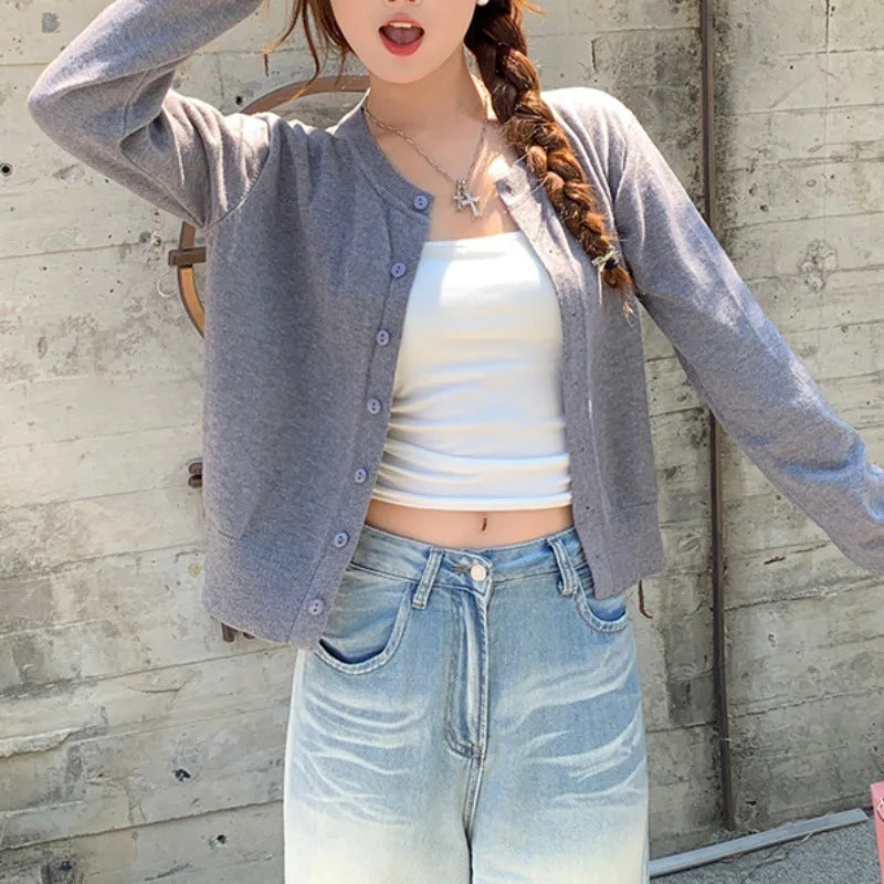 Long Sleeve O Neck Button Down Knit
