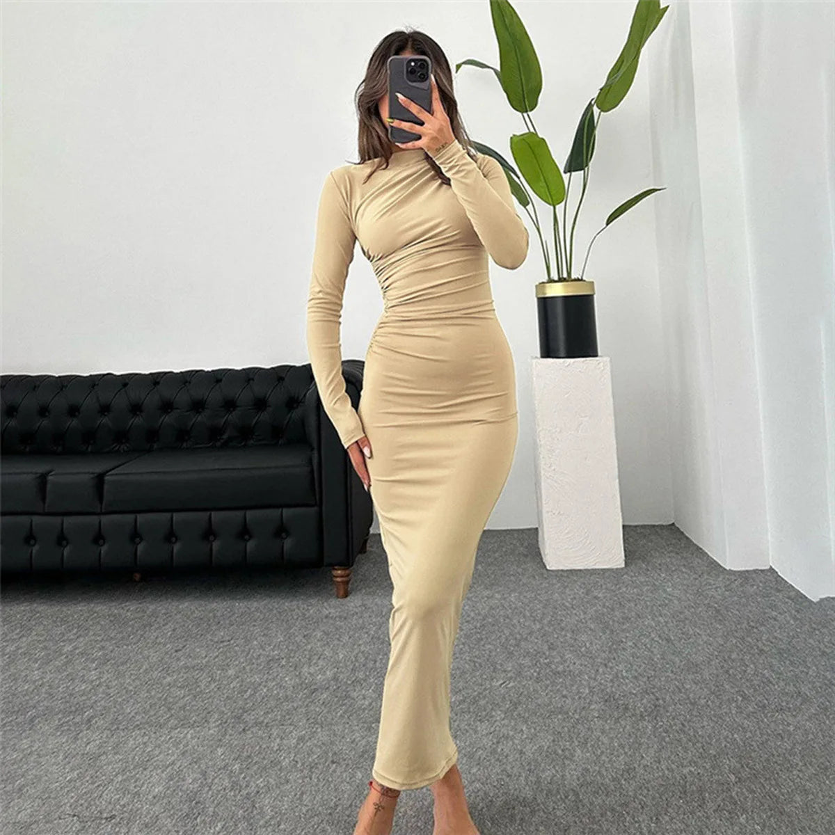 Solid Colour Bodycon Dress Long Sleeve
