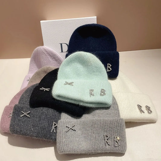 Fur Diamonds Letter Design Beanies