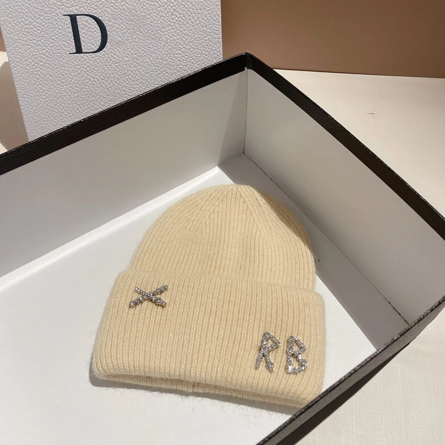 Fur Diamonds Letter Design Beanies