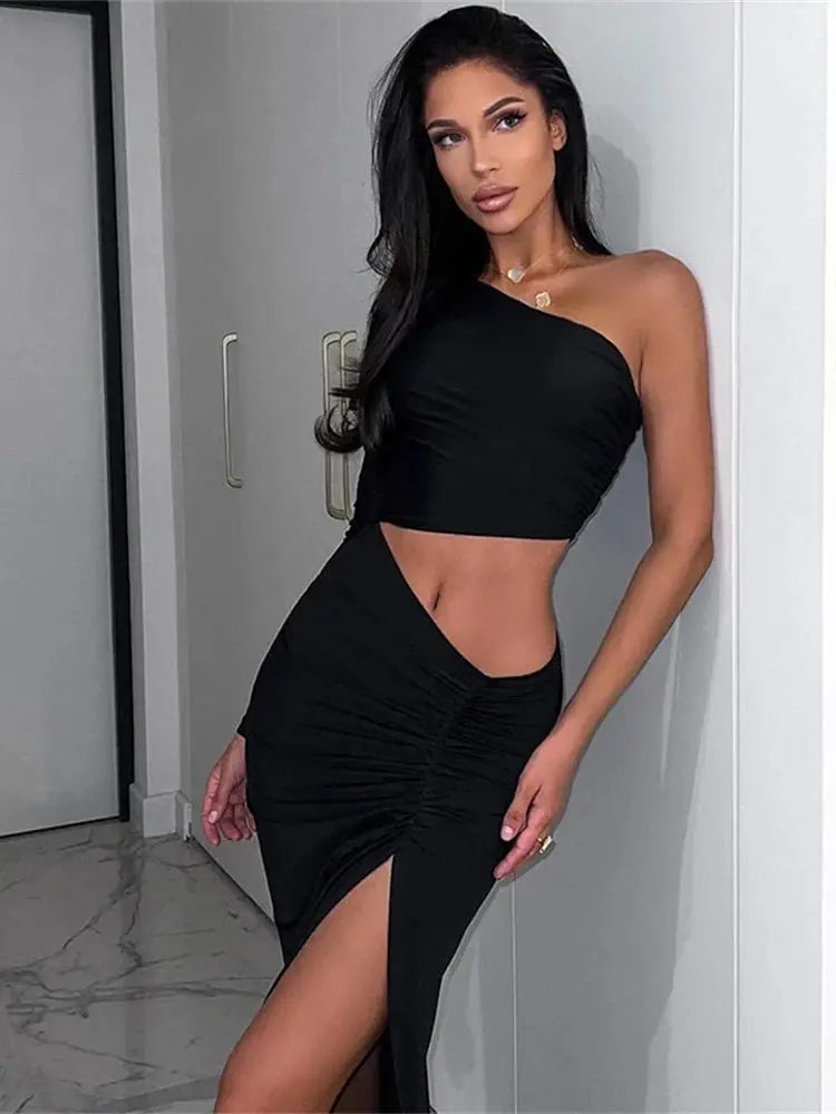One Shoulder Cut Out Split Ruched Maxi Dress