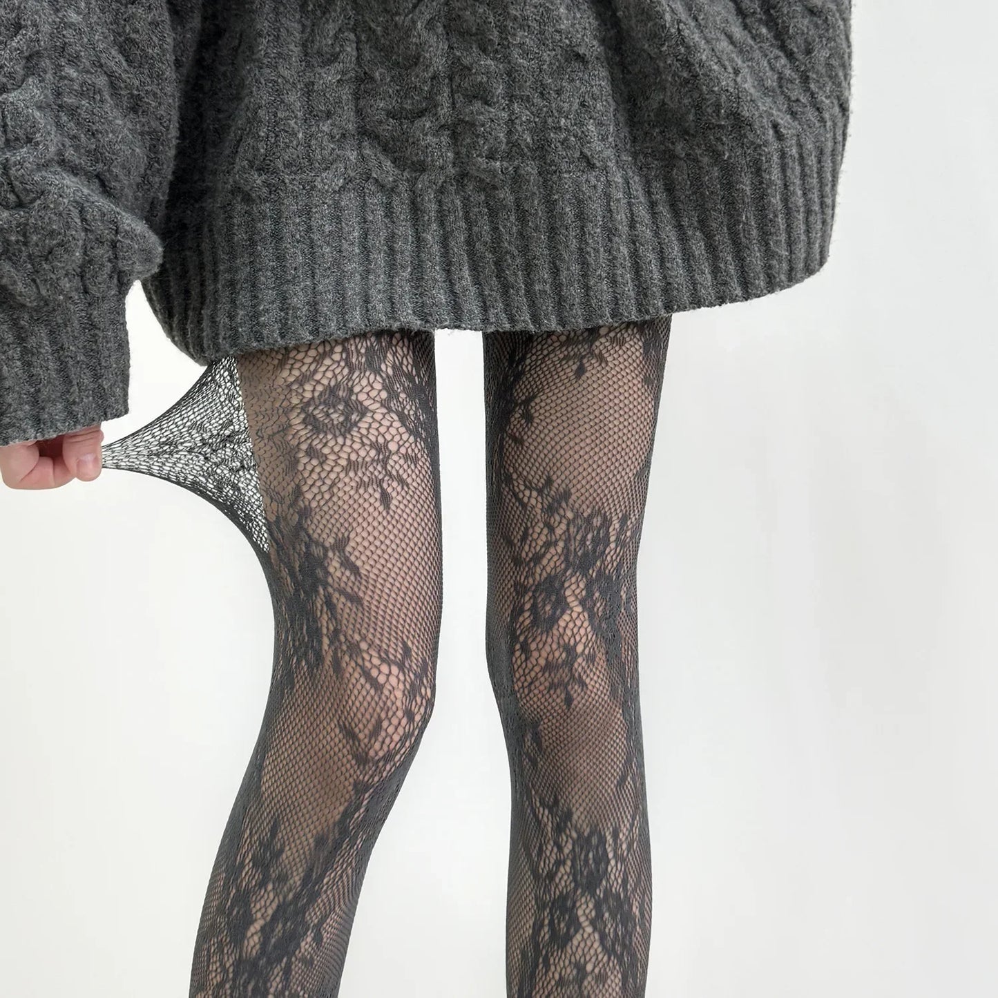 White and Black Hollowed Out Lace Mesh Pantyhose